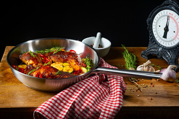 Fried chicken legs with various vegetables and spices