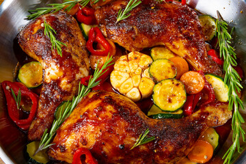 Fried chicken legs with various vegetables and spices