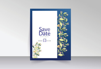 Pink wild flowers with green leaves and blue background save the date card