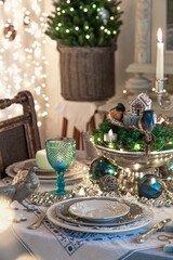 Vintage Christmas or New Year decoration. Festive table setting. Holiday dinner in retro style