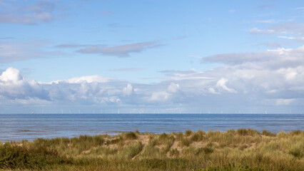 Paronamic sea view with wind turbines on the horizon and dunes in the foreground