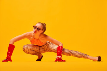 Weird people concept. Creative portrait of young girl in avant-garde style image isolated over...