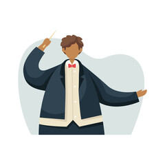 Vector illustration of a conductor in a tuxedo with a baton. Profession.
