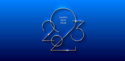 Golden 2023 New Year logo. Holiday greeting card. Vector illustration. Holiday design for invitation, calendar, greeting card, etc.