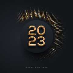 2023 new year luxury logo with shining golden halftone on black background. Vector illustration.
