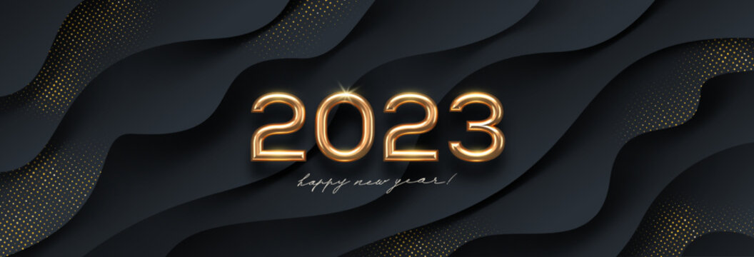 2023 new year golden logo on abstract black waves background. Greeting design with realistic gold metal number of year. Design for greeting card, invitation, calendar, etc.