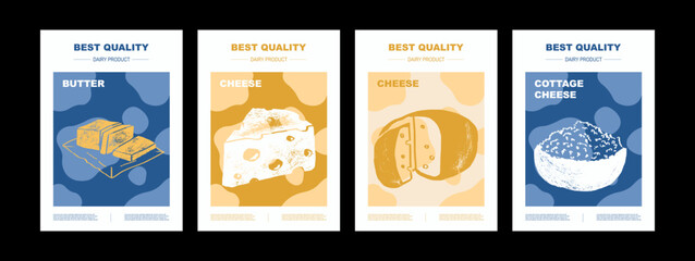 Hand draw vector set dairy products. Illustration of cottage cheese, cheese, butter, margarine. Design market farm product. Abstract Packaging poster Design Layouts 