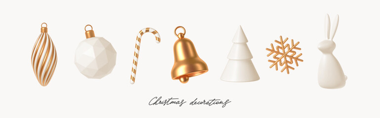 Set of white and gold realistic Christmas decorations. 3d render vector illustration. Design elements for greeting card or invitation. - 537521336
