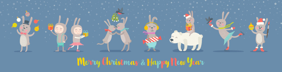Year of the rabbit vector illustration. Set of cute rabbit cartoon characters. New year bunny and design elements for greeting card.
