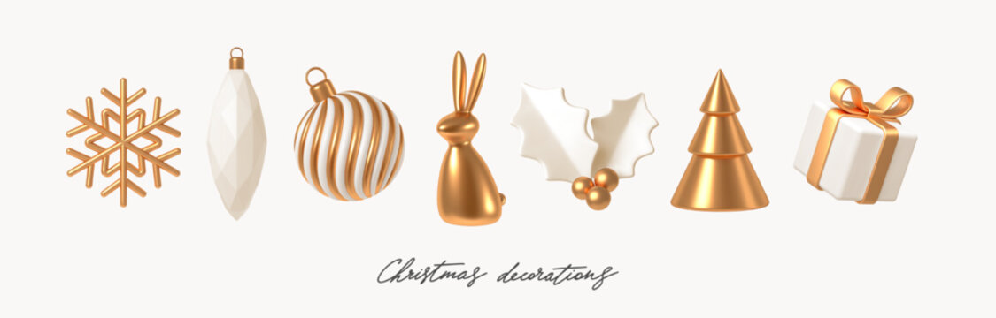 Set of white and gold realistic Christmas decorations. 3d render vector illustration. Design elements for greeting card or invitation.