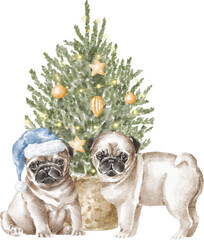 Pug puppies with Christmas tree