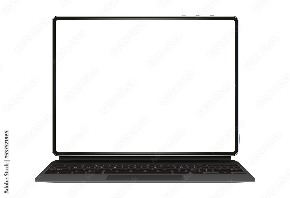 Poster Realistic perspective front tablet with keyboard isolated incline 90 degree. Computer notebook with empty screen template.