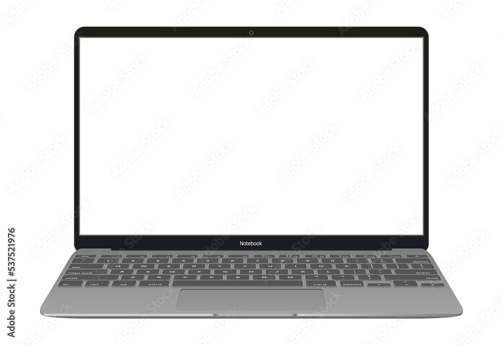 Poster Realistic laptop front view. Laptop modern mockup. Blank screen display notebook. Opened computer screen with keyboard.