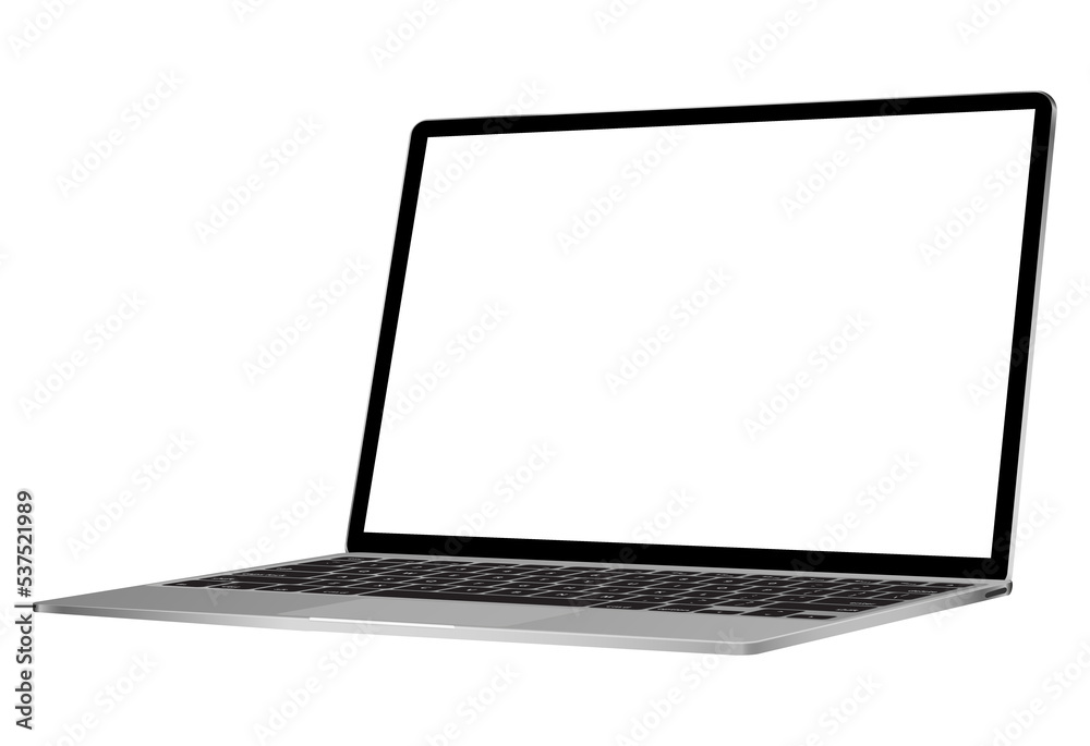 Poster Computer notebook with empty screen template. Front view of mobile computer with keypad backdrop.