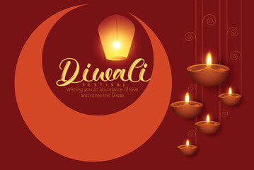 Happy Diwali with Diwali props, holiday Background with oil lamp, Diwali celebration greeting card, vector illustration.