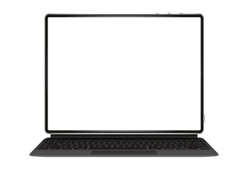 Realistic perspective front tablet with keyboard isolated incline 90 degree. Computer notebook with empty screen template.