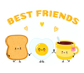 Cute happy toast cup of tea and fried egg card. Vector hand drawn doodle style cartoon character illustration icon design. Happy toast cup of tea and fried egg friends concept card