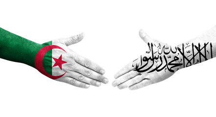 Handshake between Afghanistan and Algeria flags painted on hands, isolated transparent image.