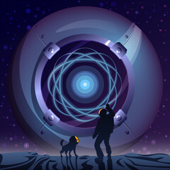 Vector space sci-fi illustration with an astronaut and his dog with a planet of metal with a blue nucleus inside.