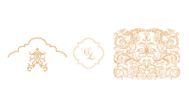 Abstract Background With Antique, Luxury Gold Vintage Frame, Victorian Card Banner, Damask Floral Wallpaper Ornaments.