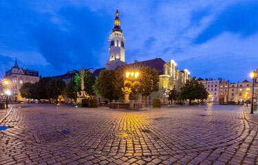 Swidnica. Old medieval market square and colorful houses at dawn.