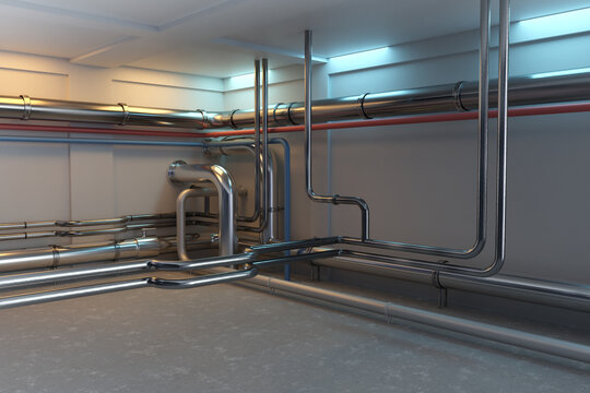 Boiler room. Gray boiler room without people. Room with pipes to provide heating to building. Steel boiler equipment. Pipeline for supplying hot water to house. Iron pipes along wall. 3d rendering