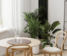 Close up of dining table near window and green plants in pots, home interior, 3d rendering