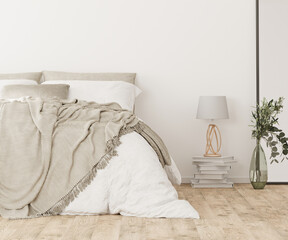 Home interior background, cozy white bedroom with bed with pillow and blanket, lamp and mirror,scandinavian style, 3d render