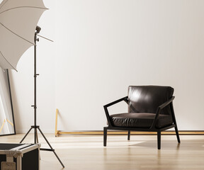Photo studio with lightning equipment and white backgrond, 3d rendering