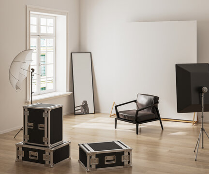 Interior of modern photo studio with professional lightning equipment, room with winow and armchair, fotostudio, 3d render