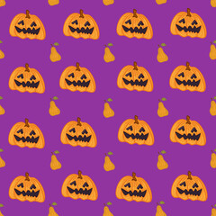 Halloween pattern with different pumpkins, spooky jack o lantern and pear.