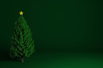 Fluffy green Christmas tree on a solid flat background with a place for text with a Christmas garland and a golden star, 3d rendering