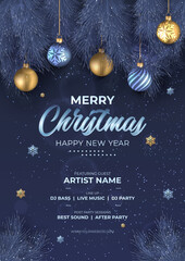 Merry Christmas & Happy New Year Promotion Poster or banner. Xmas pine fir lush tree. Abstract Gold Christmas Trees. Bright Winter holiday composition.