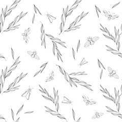 Contour branches and moths. Seamless floral background. Leaf and butterfly illustration