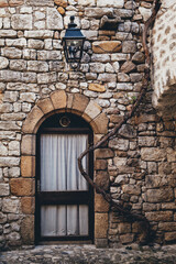 Vine climbing on a srtone wall of a medieval house of the village Lanas in the south of France (Ardeche)