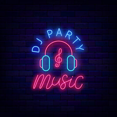 Dj party music neon signboard on brick wall. Headphones with treble clef. Shiny advertising. Vector stock illustration