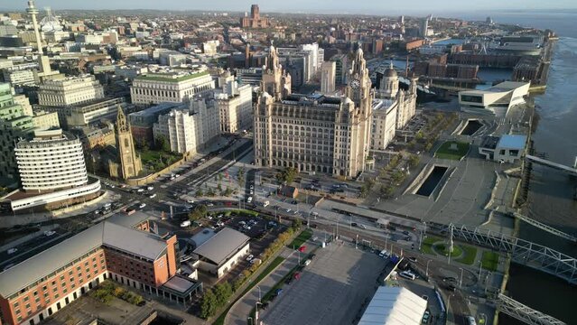 The Liver Building, Liverpool waterfront 10.10.22 - move in aerial drone, west side.