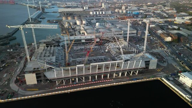 Everton new stadium build in progress, Liverpool waterfront 10.10.22 - clockwise aerial drone pan, view west to north.