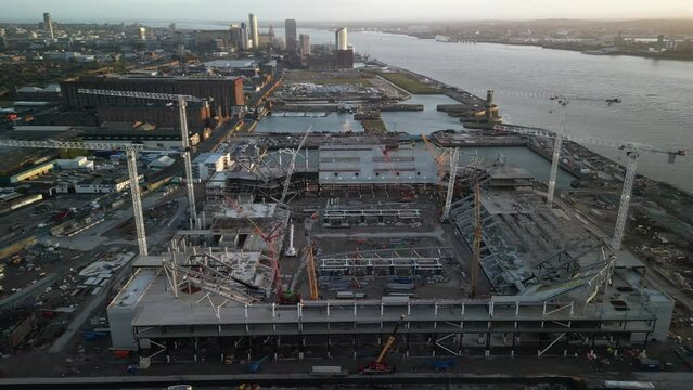 Everton new stadium build in progress, Liverpool waterfront 10.10.22 - anti-clockwise aerial drone pan from east to south.