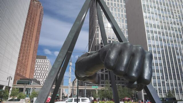 Joe Louis Fist Statue In Detroit, Michigan With Slow Motion Video Panning Left To Right.