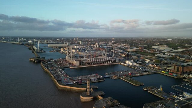 Everton new stadium build in progress, Liverpool waterfront 10.10.22 - aerial drone move in, view north west.