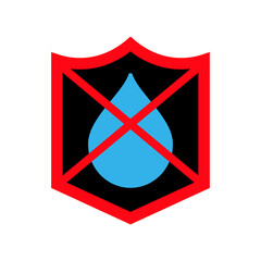 Waterproof icon with shield and water drop. Crossed lines. Vector illustration on white background.