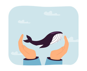 Human hands holding tiny whale. Person saving sea wildlife and nature, protecting animals flat vector illustration. Environment, ecosystem concept for banner, website design or landing web page