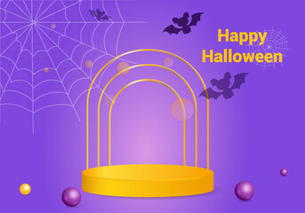 Abstract realistic 3D orange cylindrical pedestal on a purple background.Cute flying mouse on the background. Happy halloween minimal scene for product presentation. 