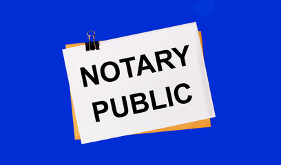 On a bright blue background, an envelope and a sheet of paper with the text NOTARY PUBLIC under the paper clip.