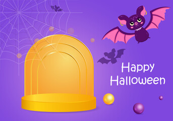 Abstract realistic 3D orange cylindrical pedestal on a purple background.Cute flying mouse on the background. Happy halloween minimal scene for product presentation. 