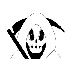 Grim reaper. Halloween spooky cartoon character isolated on white background. Black outline. Sticker, print on clothes, notebooks and phone cases. Vector illustration
