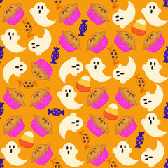 Halloween seamless pattern background design with pumpkin pie, ghost,candies, and other scary or festive elements on orange background.