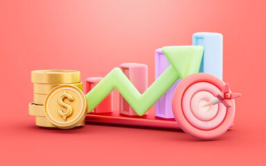 business line chart bullseye arrow dollar coin sign 3d illustration concept for financial profit