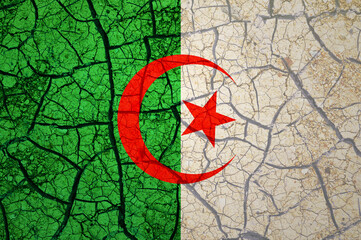 Dry soil pattern on the flag of Algeria. Country with drought concept. Water problem. Dry cracked earth country.